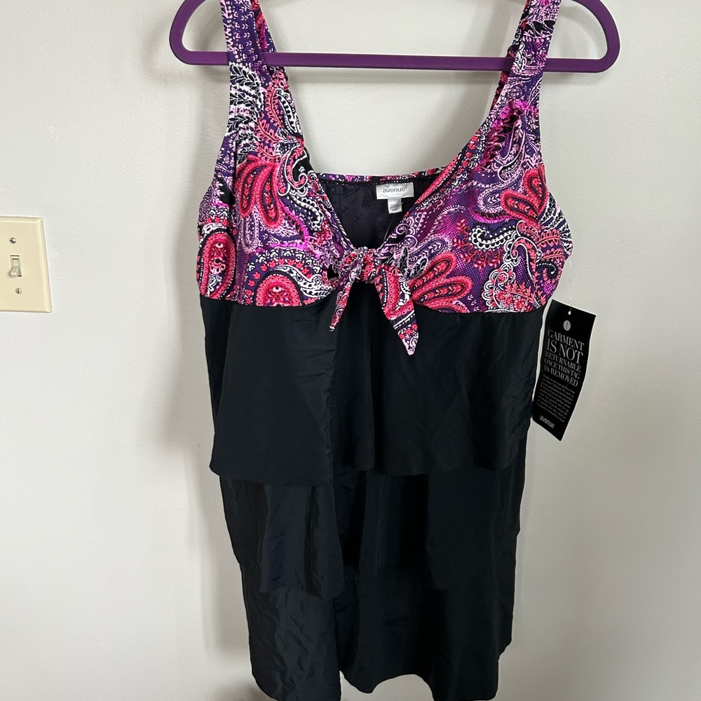 NWT Avenue Black Purple and Pink Paisley Layered Swim dress size 20w